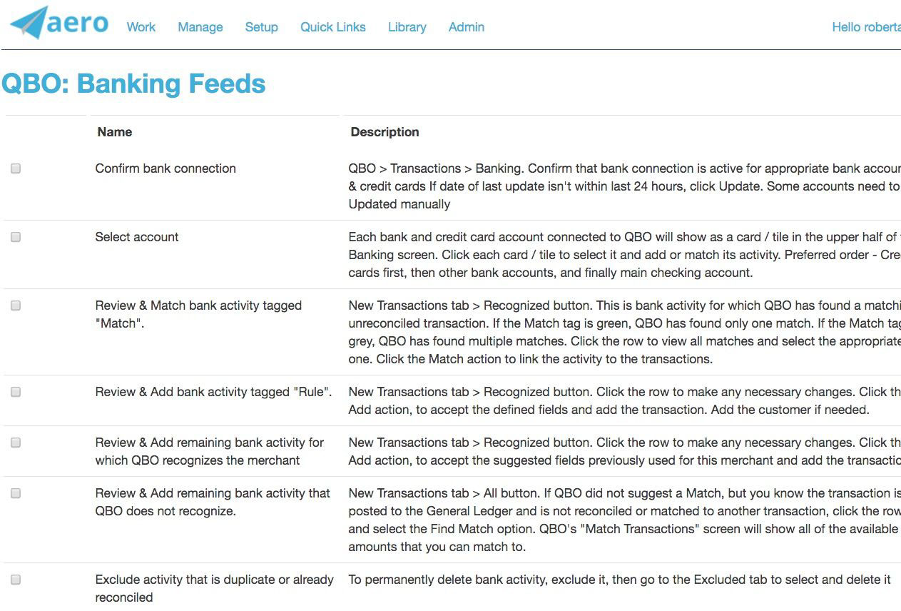 QBO Bank Feeds Checklist