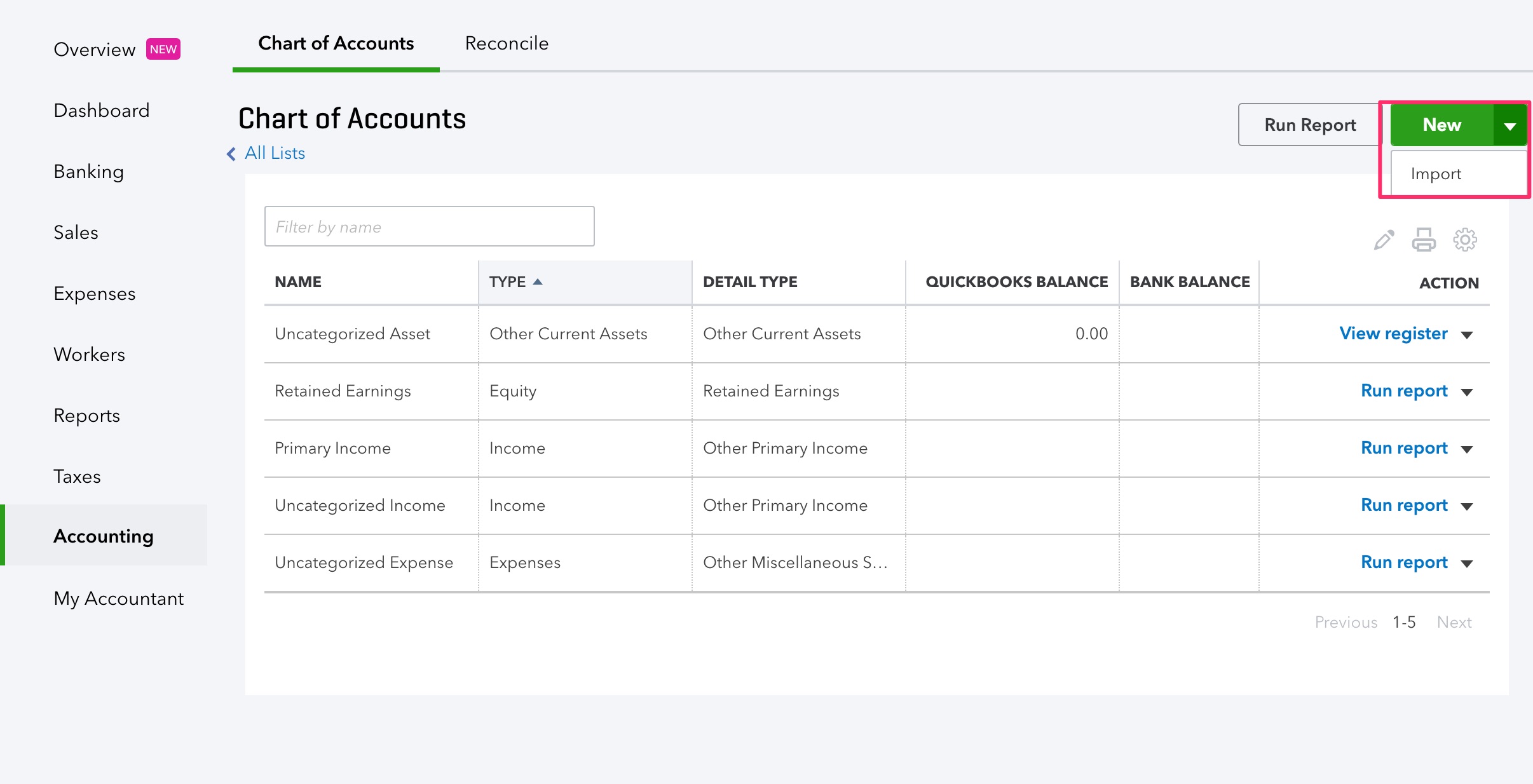 QBO Empty Chart of accounts