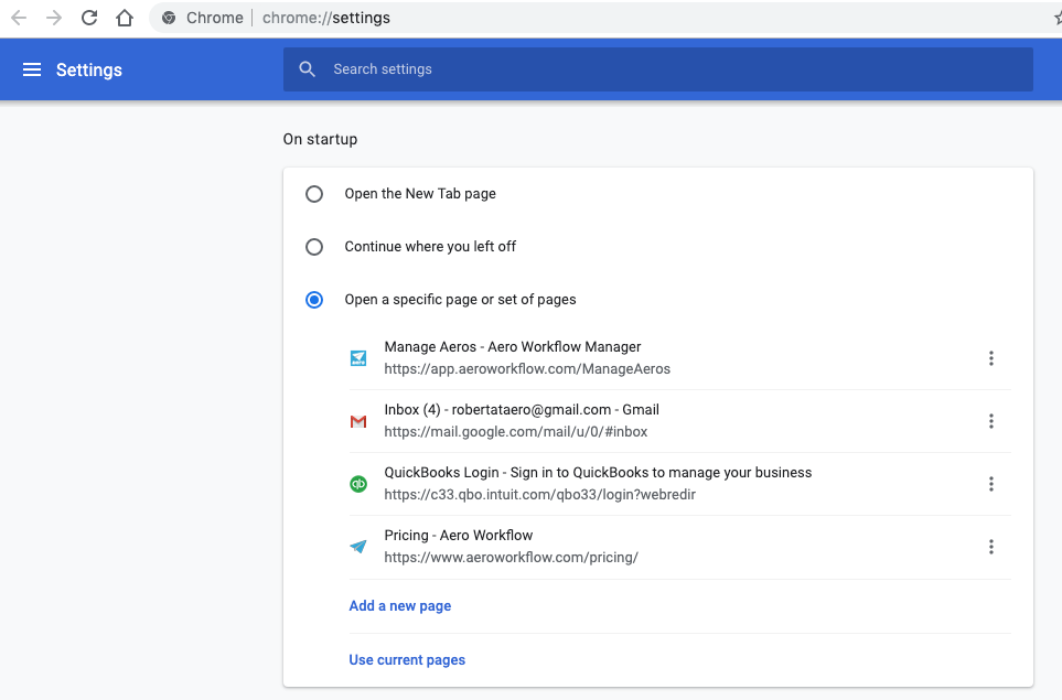 Choose pages to load on startup in CHrome