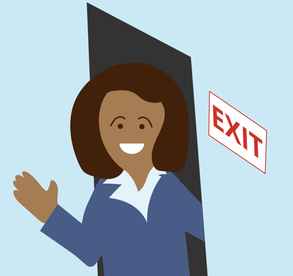Client OffBoarding-01 - Aero Workflow - Aero Workflow drawing of a person waving goodbye next to an exit sign