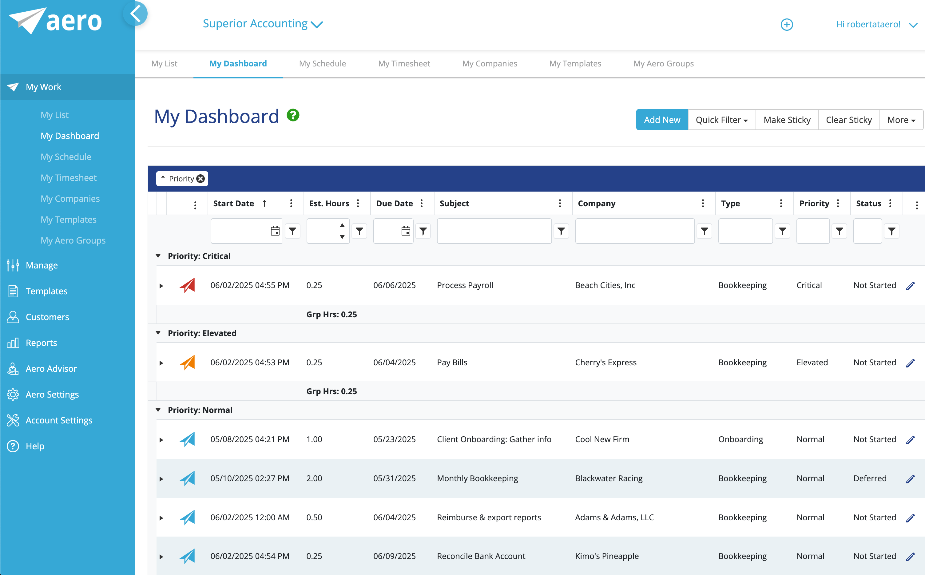 Aero Workflow User's Dashboard