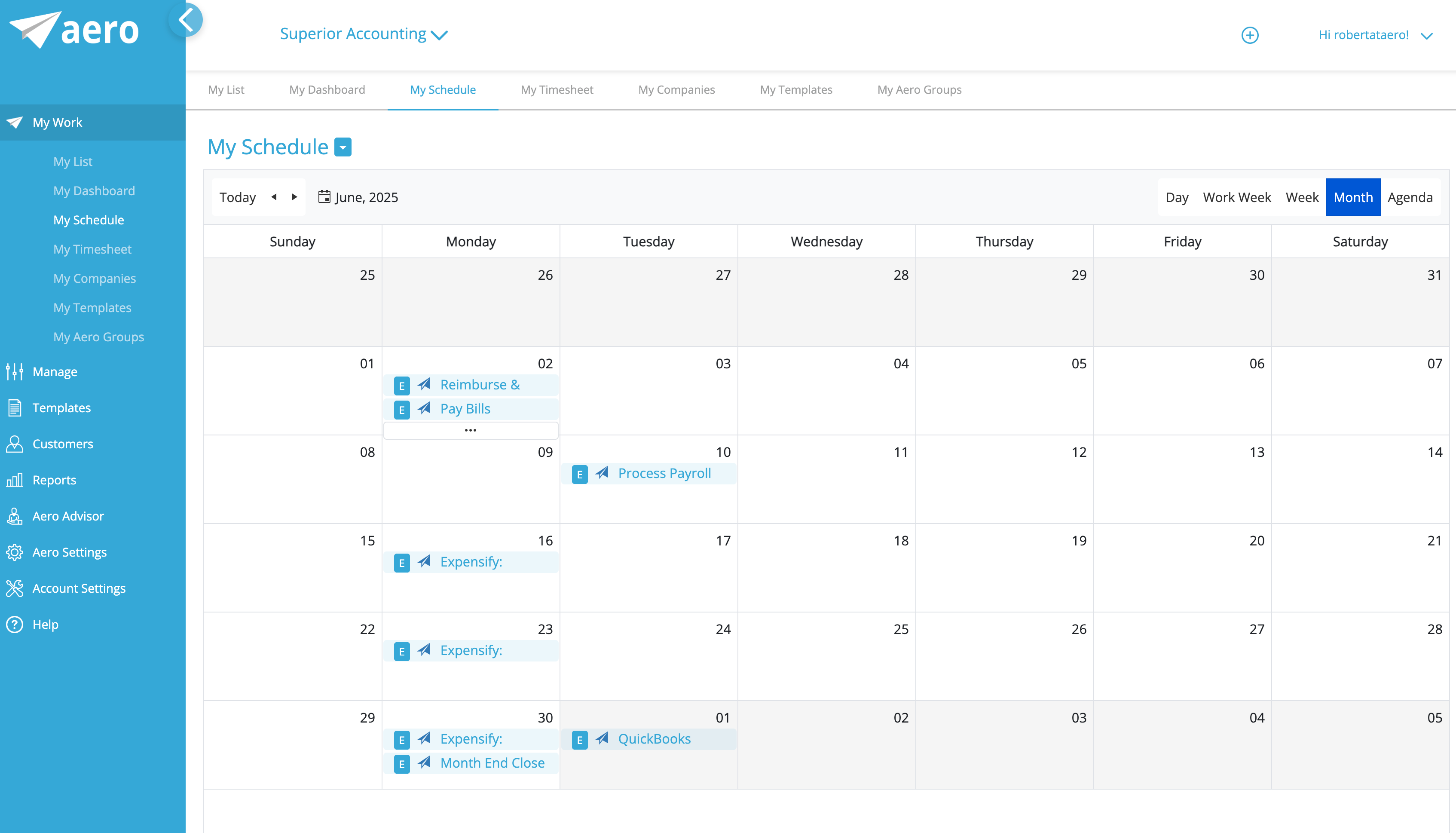 User's tasks in a calendar format