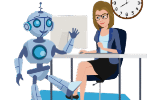 Robot greeting a woman working at a desk