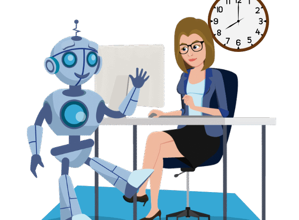 Robot greeting a woman working at a desk